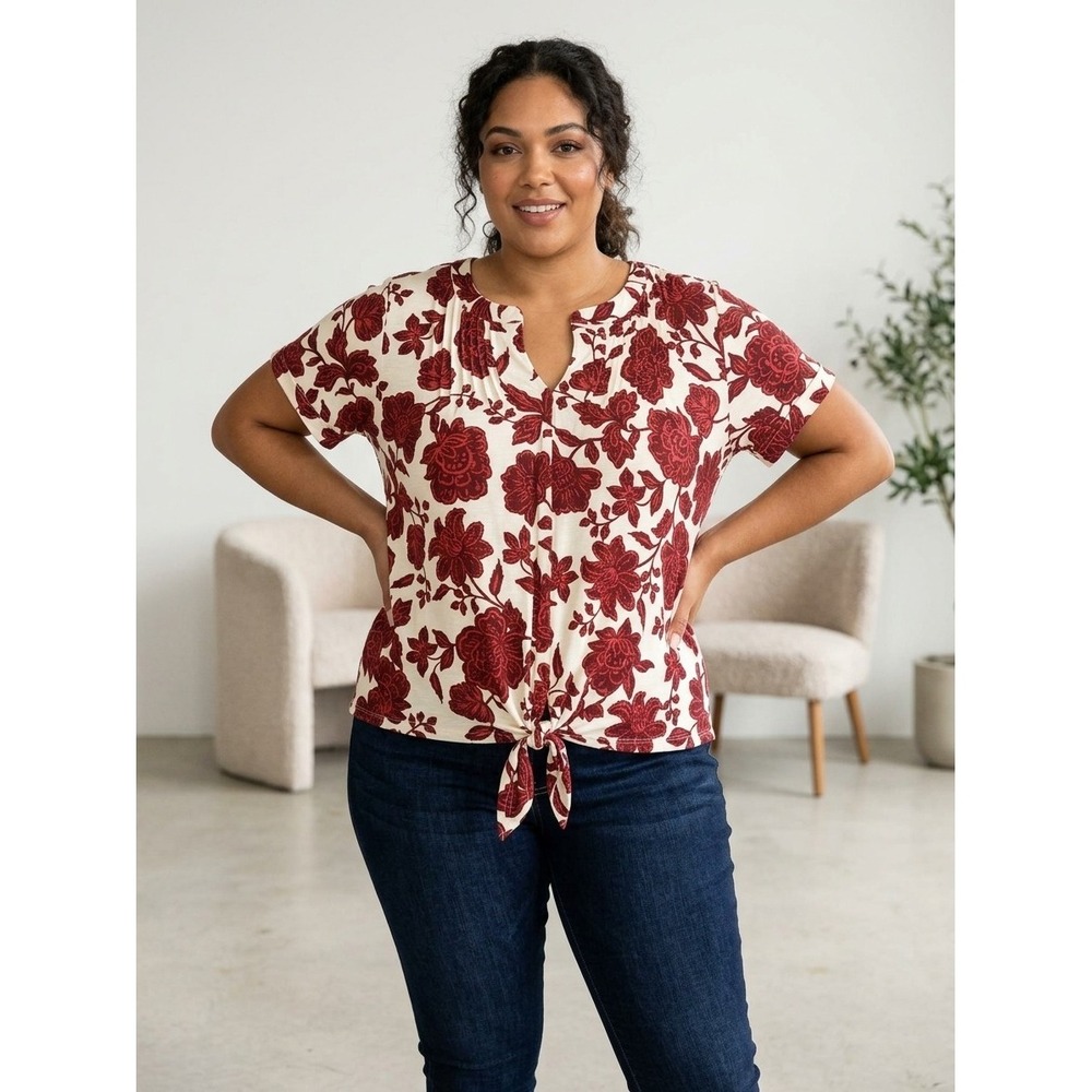 Rose Olive Womens Plus Size 2X Cream Burgundy Floral Tie Front Short Sleeve Top